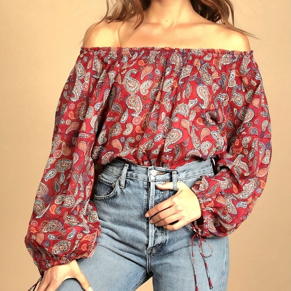 FREE PEOPLE Sundown Rust Red Paisley Print Off-the-Shoulder Bodysuit, Large - Picture 1 of 7
